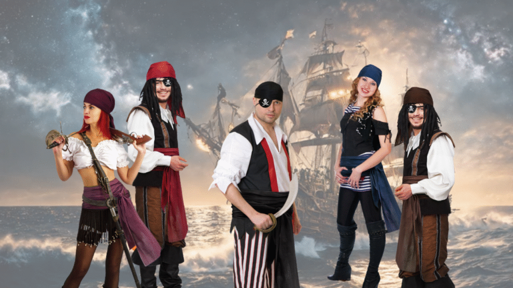 Five people dressed as pirates, each wearing colorful bandanas, stand confidently in front of a stormy sea and a towering pirate ship. Their bold stances and coordinated accessories evoke a strong sense of adventure, teamwork, and pirate-themed spirit