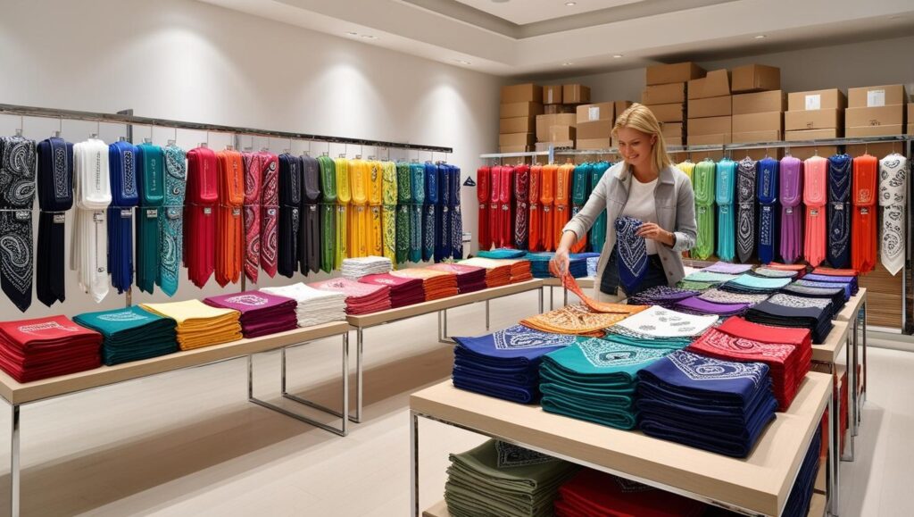 Diverse shopper browsing a retail store display of colorful cotton bandanas in various prints and styles, with folded stacks and hanging racks arranged in a clean, well-lit environment. Scene includes subtle bulk inventory in the background, showcasing a wholesale bandana shopping experience.