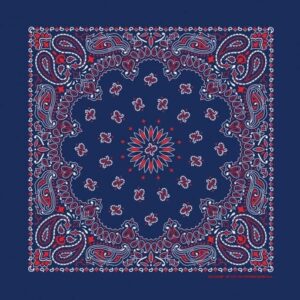 1 piece, Western Paisley Bandana - Made in USA 100% Cotton, Blue with Red and White, 22" x 22"