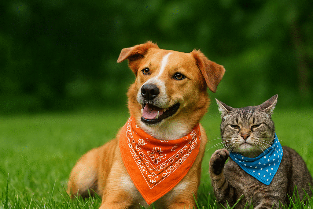 Dog and cat wearing colorful bandanas sitting on grass in a garden.