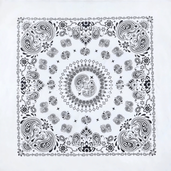1 piece, White Paisley Novelty Print Bandana, 100% Cotton, White, 27″ x 27″