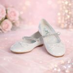 NEW Girl's Communion Dress Shoe - White/Patent Leather Flat Shoe with Rhinestone Strap - Size 2
