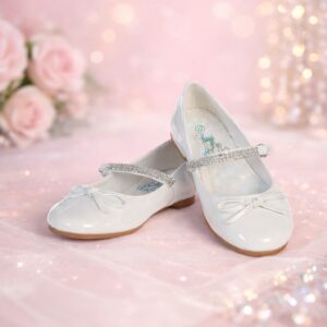 NEW Girl's Communion Dress Shoe - White/Patent Leather Flat Shoe with Rhinestone Strap - Size 2