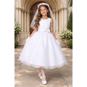 NEW Girls First Holy Communion Dress Size 7 - Emb Tulle Tea-length Sequins