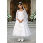 NEW Girls First Holy Communion Dress Size 6 - Lace Dress 3/4 Sleeves Tea-length
