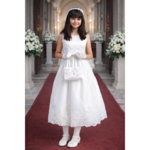 NEW Girl First Holy Communion Dress Size 16X Satin Silver Corded Trim Tea-Length