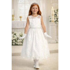NEW Girls First Holy Communion Dress Size 6  - Embroidered Tulle Sequins Tea-Length Dress