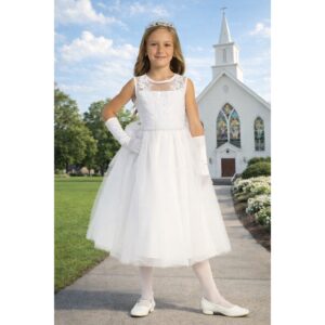 NEW Girls First Holy Communion Dress Size 6 - Corded Emb Tulle Sequin Tea-Length