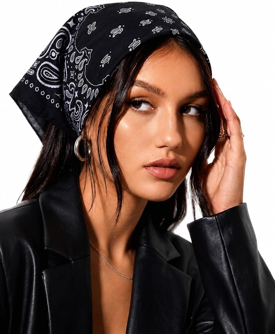 Model wearing black paisley bandana