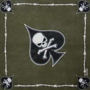 A patterned fabric features a large black spade with a skull and crossbones in the center surrounded by smaller spades and skulls against a green background framed by barbed wire.
