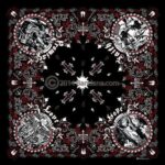 A patterned bandana features four circular illustrations representing strength  love  hope  and life. The black background is accented with red and white designs  creating a symmetrical layout with crosses and ornamental elements.