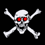 A skull with red eyes rests on crossed bones against a solid black background conveying a symbol often associated with danger or piracy.