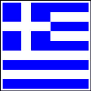 A rectangular flag featuring alternating blue and white stripes with a blue canton containing a cross on a white background representing Greece in a clear and simple design.