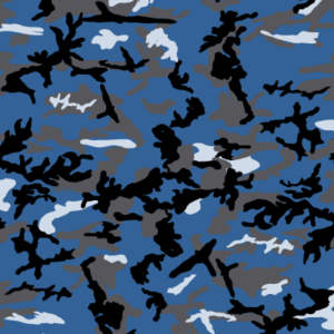 A camouflage pattern features various shapes in black gray and blue hues creating a textured and abstract design reminiscent of natural environments such as forests or urban settings.