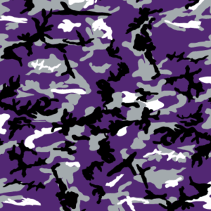 A camouflage pattern features an array of abstract shapes in black white grey and shades of purple creating a dynamic visual texture suitable for clothing or military applications.