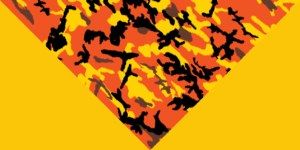 A triangular pattern features vibrant colors of red yellow and black resembling a camouflage design set against a solid yellow background creating a bold visual contrast.