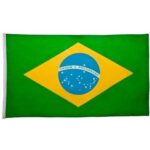 A rectangular flag displays a green field with a large yellow diamond shape in the center containing a blue globe and white stars with the text ORDEM E PROGRESSO in a curved banner.