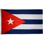 A rectangular flag with horizontal stripes of blue and white and a red Bandana triangle on the left featuring a white star  symbolizing Cuba  displayed against a plain background.