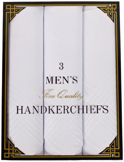 Mens Handkerchief Gift Box - White with Satin Stripes - 16x16 - 3 Pack - Imported
