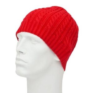 A red knitted beanie is displayed on a white mannequin head in a neutral setting emphasizing the texture and design of the hat without any distraction from background elements.