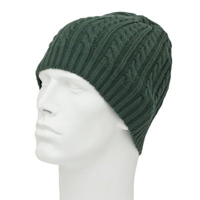 Womens Cable Knit Beanie - Ribbed Trim - Acrylic - 100% Cotton - Olive Green