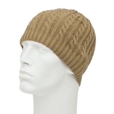 Womens Cable Knit Beanie - Ribbed Trim - Acrylic - Imported - Khaki