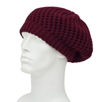 1pc Womens Wine Knit Beret - Ribbed Trim - Acrylic - Single 1pc - Imported