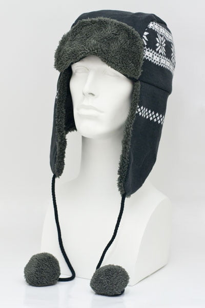 12pcs Dark Grey Mens Knit Trapper Hat - Snowflake - Faux Fur - Imported - Dark Grey, 12 pieces