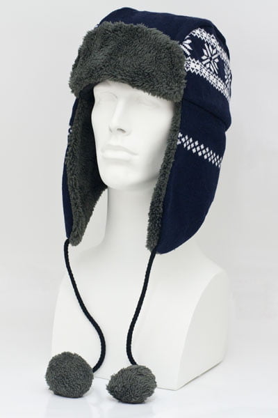 Mens Navy Knit Trapper HAT - Snowflake - Faux Fur - Single Piece - Imported