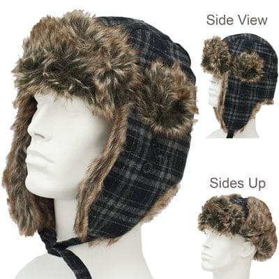 Plaid Trapper Hat Patterns - Faux Fur - Wool Blend - Black and Grey Plaid, 1 piece