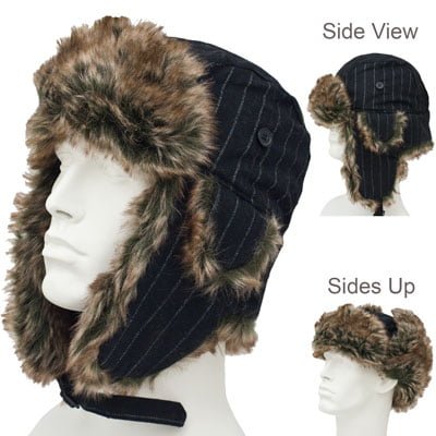 12pcs Black Pinstripe Trapper Hat Patterns - Faux Fur - Wool Blend - Black Pinstripe, 12 pieces