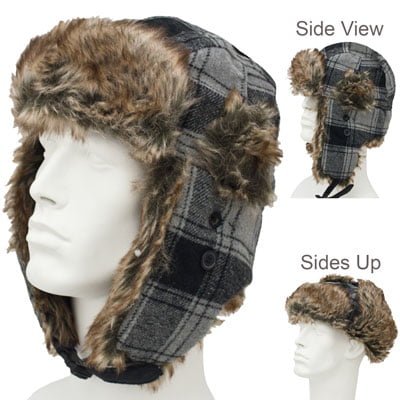 Plaid Trapper Hat Patterns - Faux Fur Wool Blend - Grey and Black Plaid, 72pcs - Case