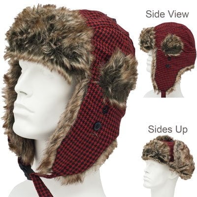 12pcs Red and Black Houndstooth Trapper Hat Patterns - Faux Fur - Wool Blend - Red and Black Houndstooth, 12 pieces
