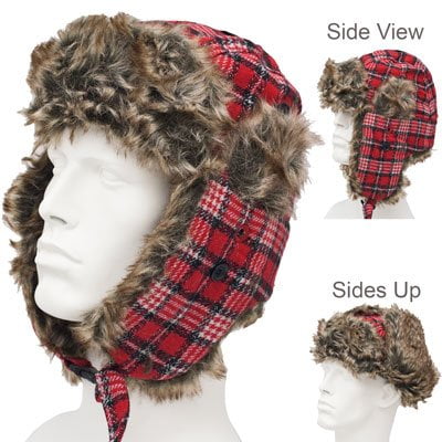 Red Plaid Trapper HAT - Faux Fur - Wool Blend - Single Piece - Imported