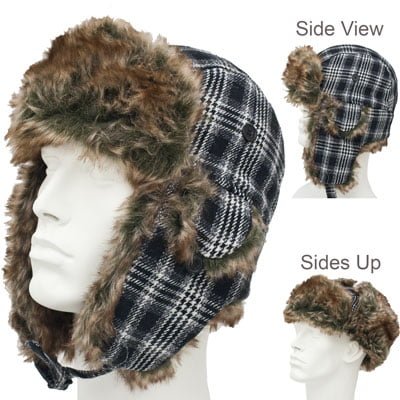 1pc Black Plaid Trapper Hat - Faux Fur - Wool Blend - Single 1pc - Imported