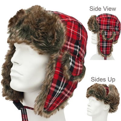Plaid Trapper Hat Patterns - Faux Fur Wool Blend - Red and Black Plaid, 72pcs - Case