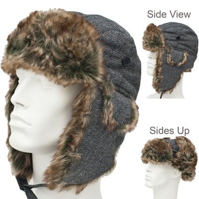 Herringbone Trapper Hat Patterns - Faux Fur - Wool Blend - Black and Light Grey Herringbone, 72pcs - Case