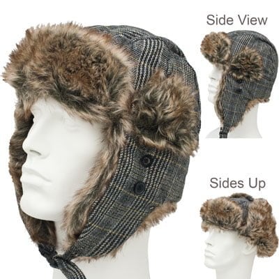 Dark Grey Plaid Tweed Trapper HAT - Faux Fur - Wool Blend - Single Piece - Imported