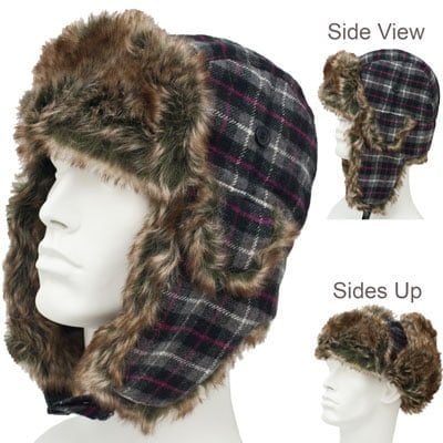 Black and Grey Plaid Trapper HAT - Faux Fur - Wool Blend - Single Piece - Imported