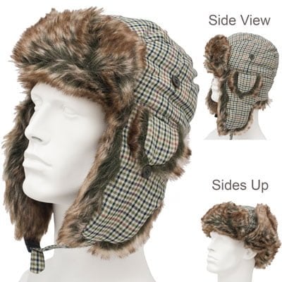 Olive Plaid Trapper HAT - Faux Fur - Polyester - Single Piece - Imported