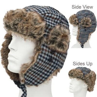 Blue Grey Plaid Trapper HAT - Faux Fur - Wool Blend - Single Piece - Imported