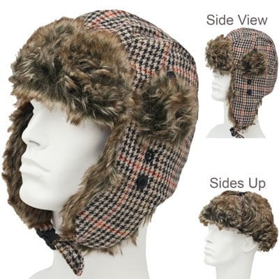 Tan and Dark Brown Houndstooth Plaid Trapper HAT - Faux Fur - Wool Blend - Single Piece - Imported