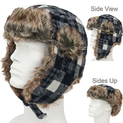 1pc Black and Cream Check - Plaid Tweed Trapper Hat - Faux Fur - Wool Blend - Single 1pc - Imported
