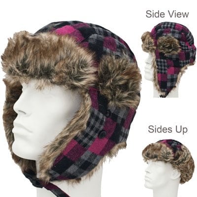 Tweed Trapper Hat Patterns - Faux Fur - Wool Blend - Womens Grey and Fuchsia Check - Plaid Tweed, 72pcs - Case