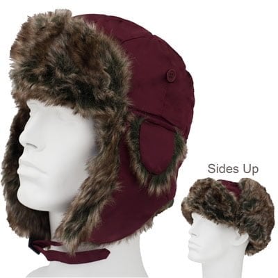 Burgundy Trapper HAT - Faux Fur - Heavy Duty Nylon - Waterproof - Single Piece - Imported