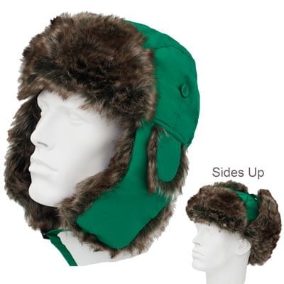 Kelly Green Trapper HAT - Faux Fur - Heavy Duty Nylon - Waterproof - Single Piece - Imported