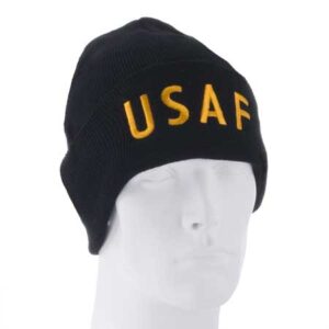 A black knit beanie with yellow lettering displays "USAF" prominently on the front  positioned on a white mannequin head against a plain background.