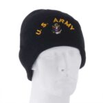 A black knit cap displays the text U.S. ARMY and an eagle emblem  positioned on a plain mannequin head against a neutral background  emphasizing its military affiliation and design.