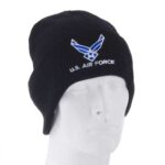 A black beanie sits on a white mannequin head featuring the U.S. Air Force logo and text in white and blue underneath the logo in a simple and clear font
