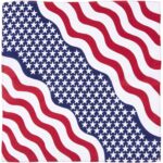 A square fabric features alternating red and white wavy stripes with blue stars arranged in rows against a white background creating a patriotic pattern suggesting themes of unity and celebration.